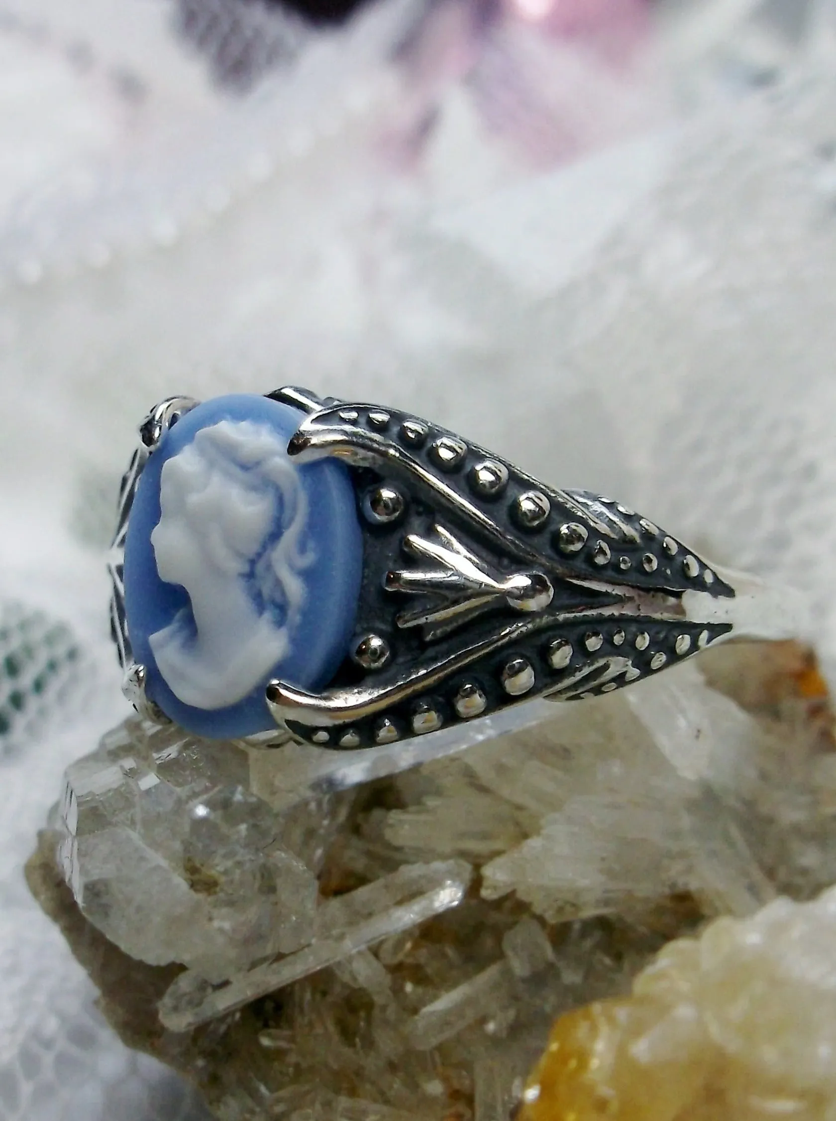 Cameo Ring, Blue Lady Cameo, Sterling Silver Gothic Jewelry #D85