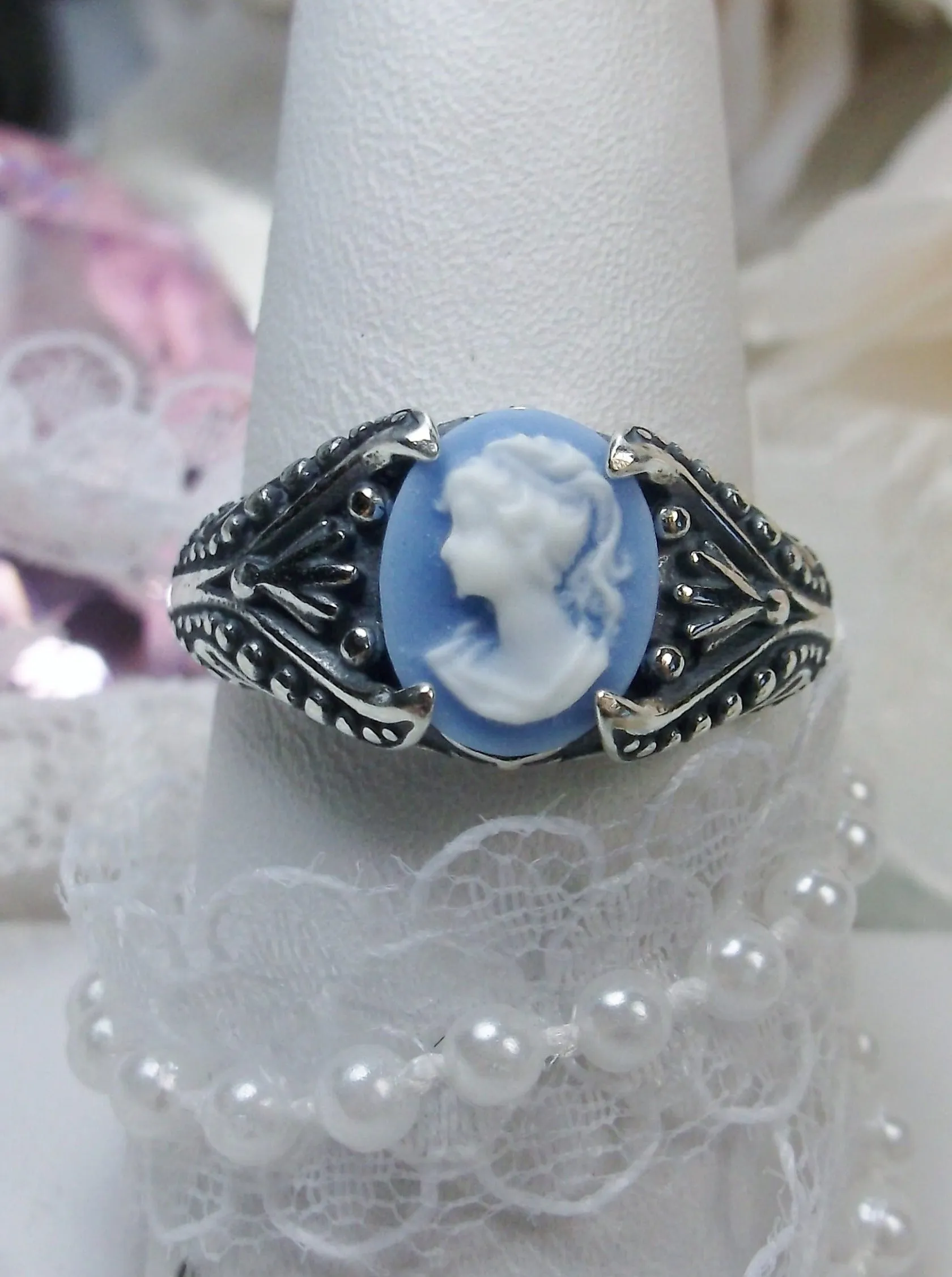 Cameo Ring, Blue Lady Cameo, Sterling Silver Gothic Jewelry #D85