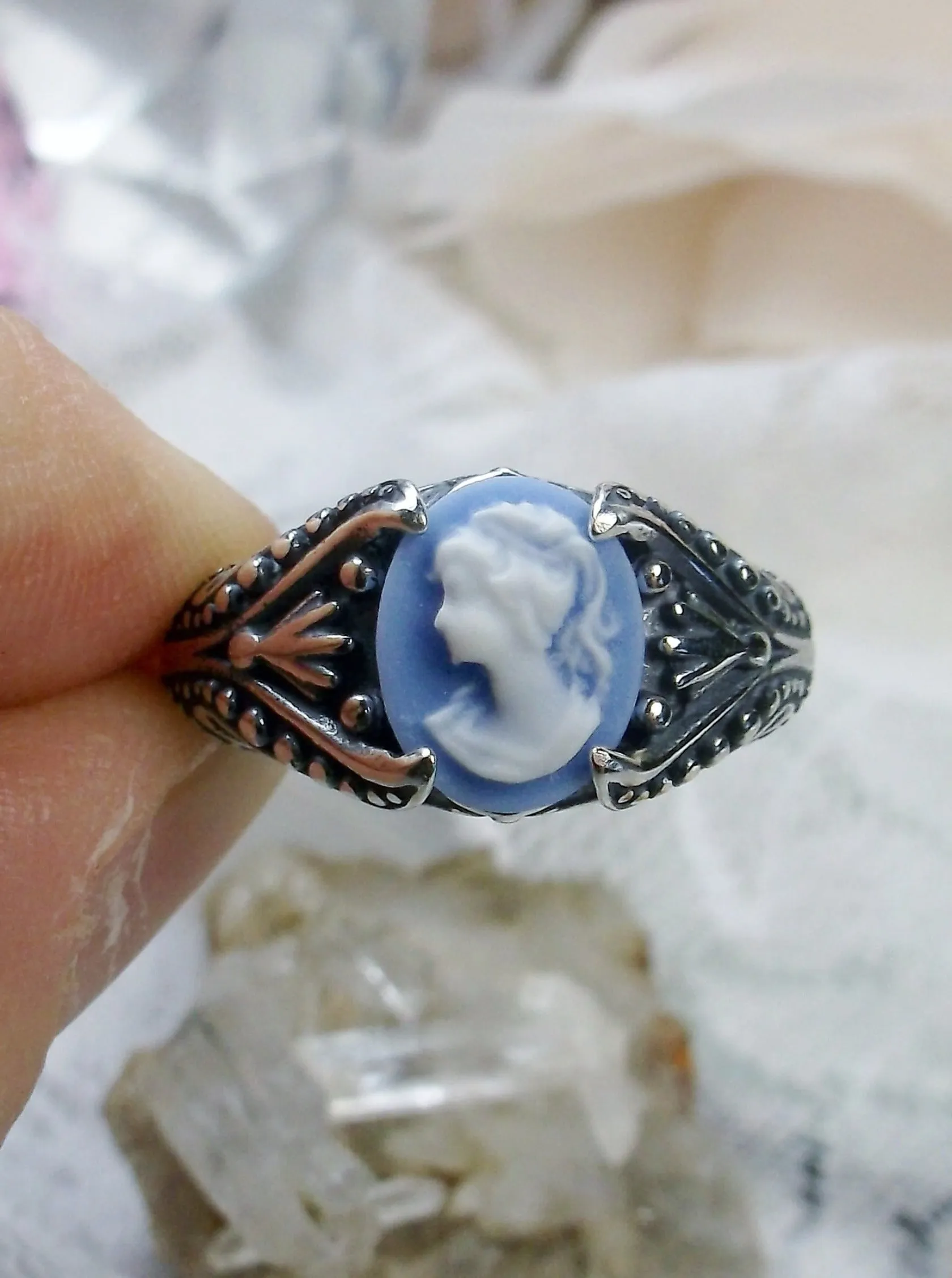 Cameo Ring, Blue Lady Cameo, Sterling Silver Gothic Jewelry #D85