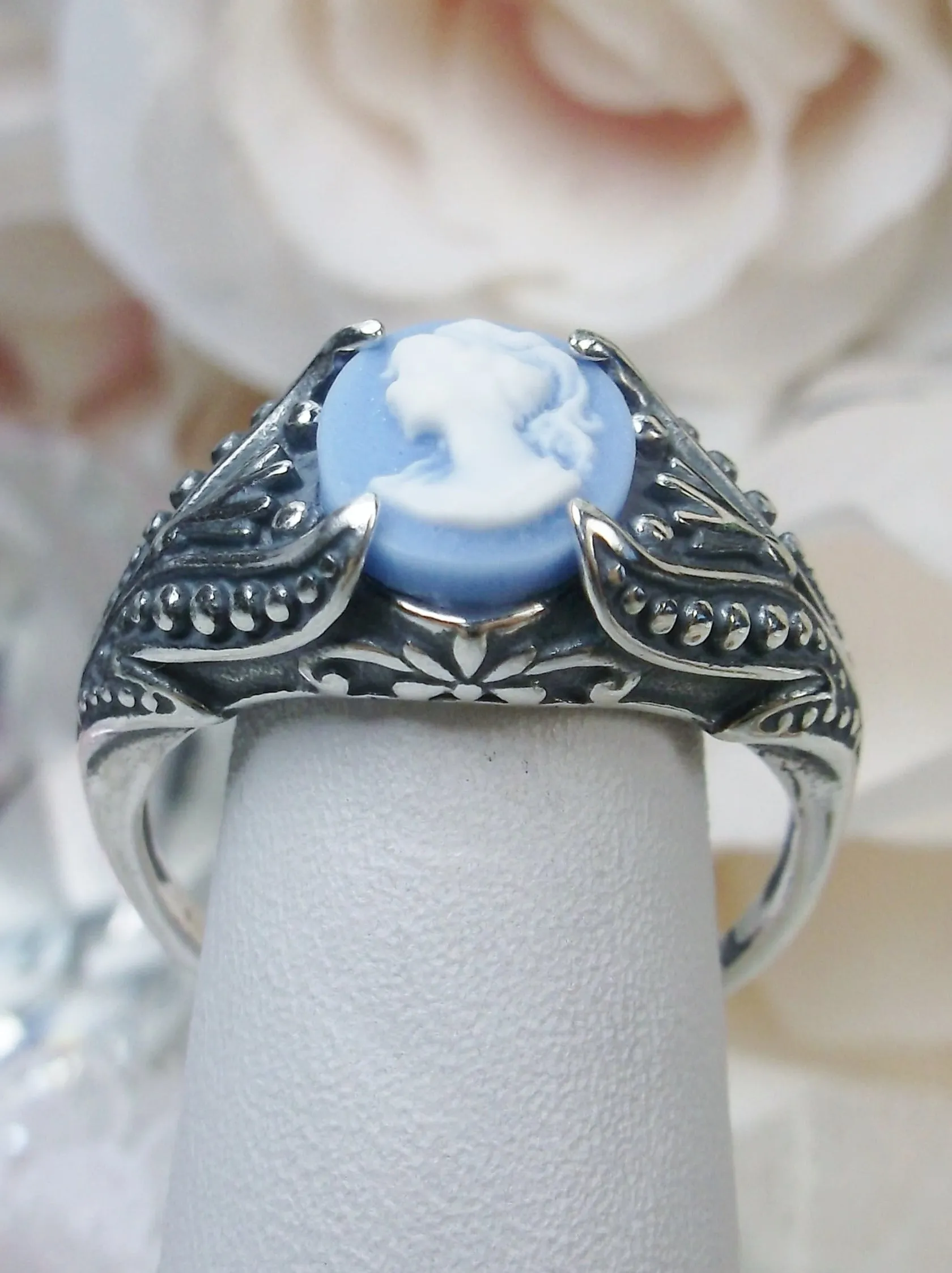Cameo Ring, Blue Lady Cameo, Sterling Silver Gothic Jewelry #D85