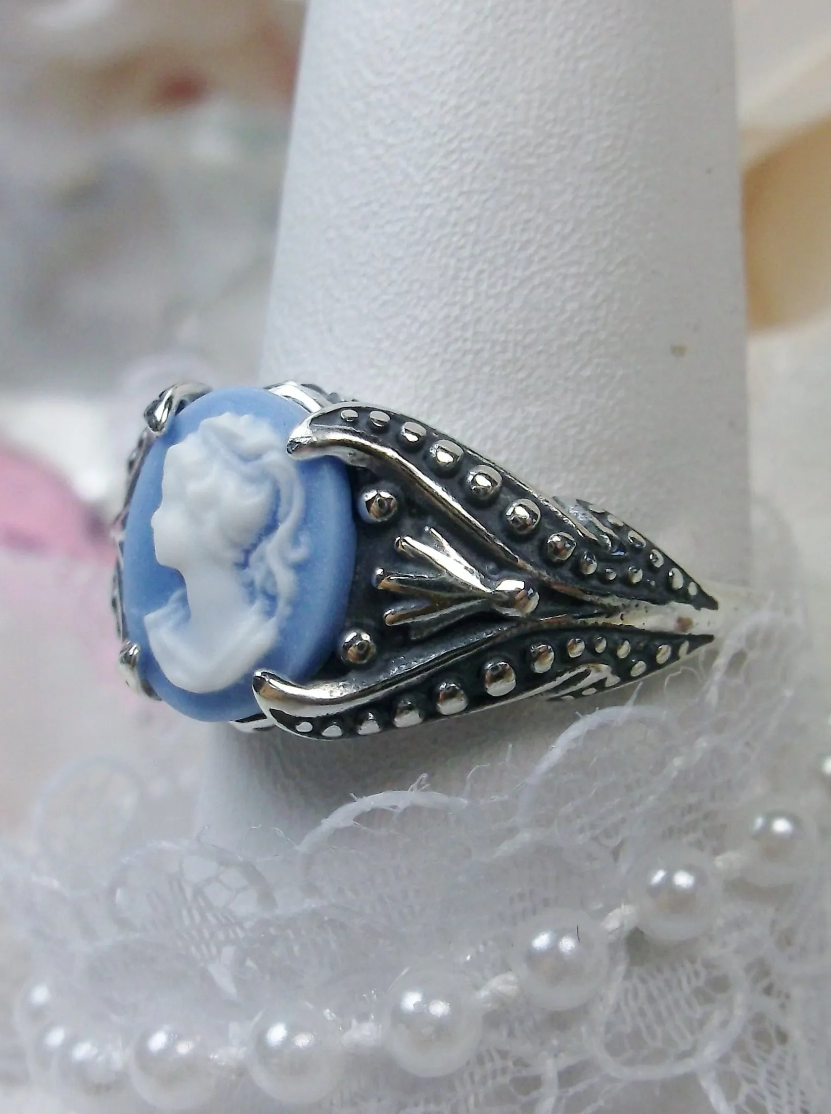 Cameo Ring, Blue Lady Cameo, Sterling Silver Gothic Jewelry #D85
