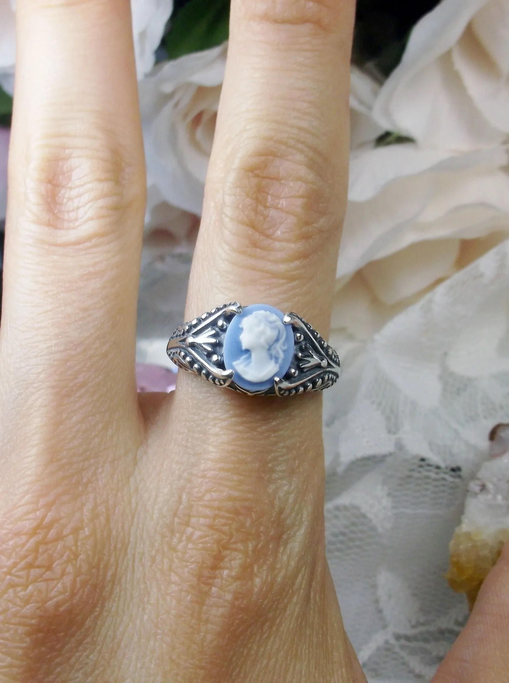Cameo Ring, Blue Lady Cameo, Sterling Silver Gothic Jewelry #D85