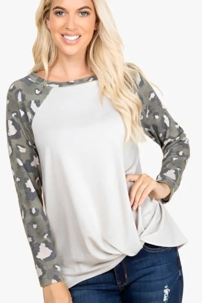 Casual French Terry Side Twist Top With Animal Print Long Sleeves