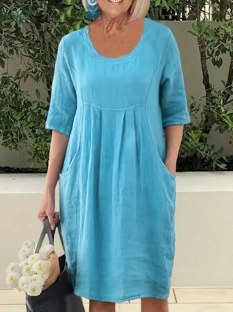 Casual Sophia Dress: Solid, Half Sleeves, Pockets