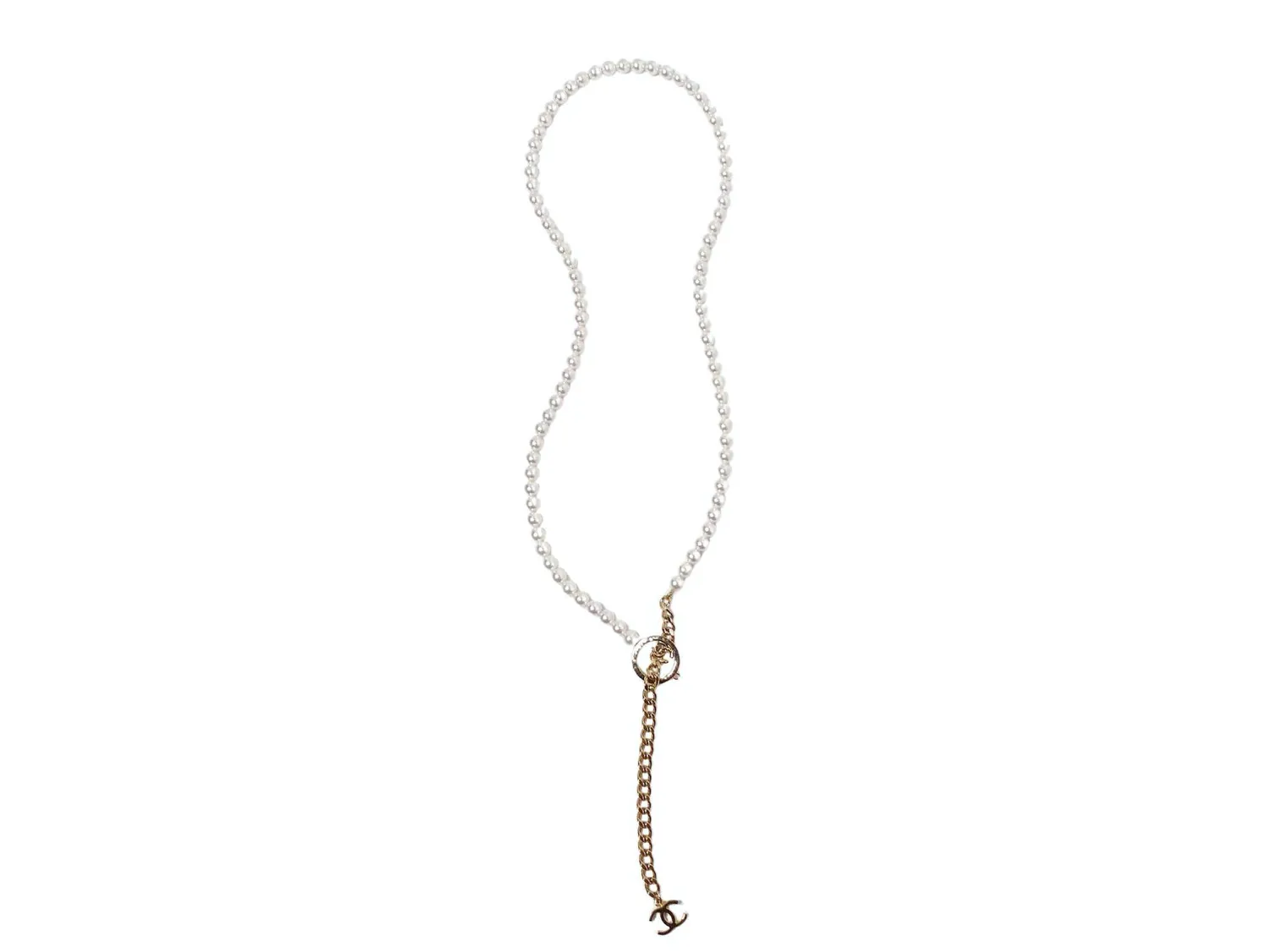 Chanel Lariat Pearl Strand & Gold-Tone Chain Interlocking CC Logo Necklace