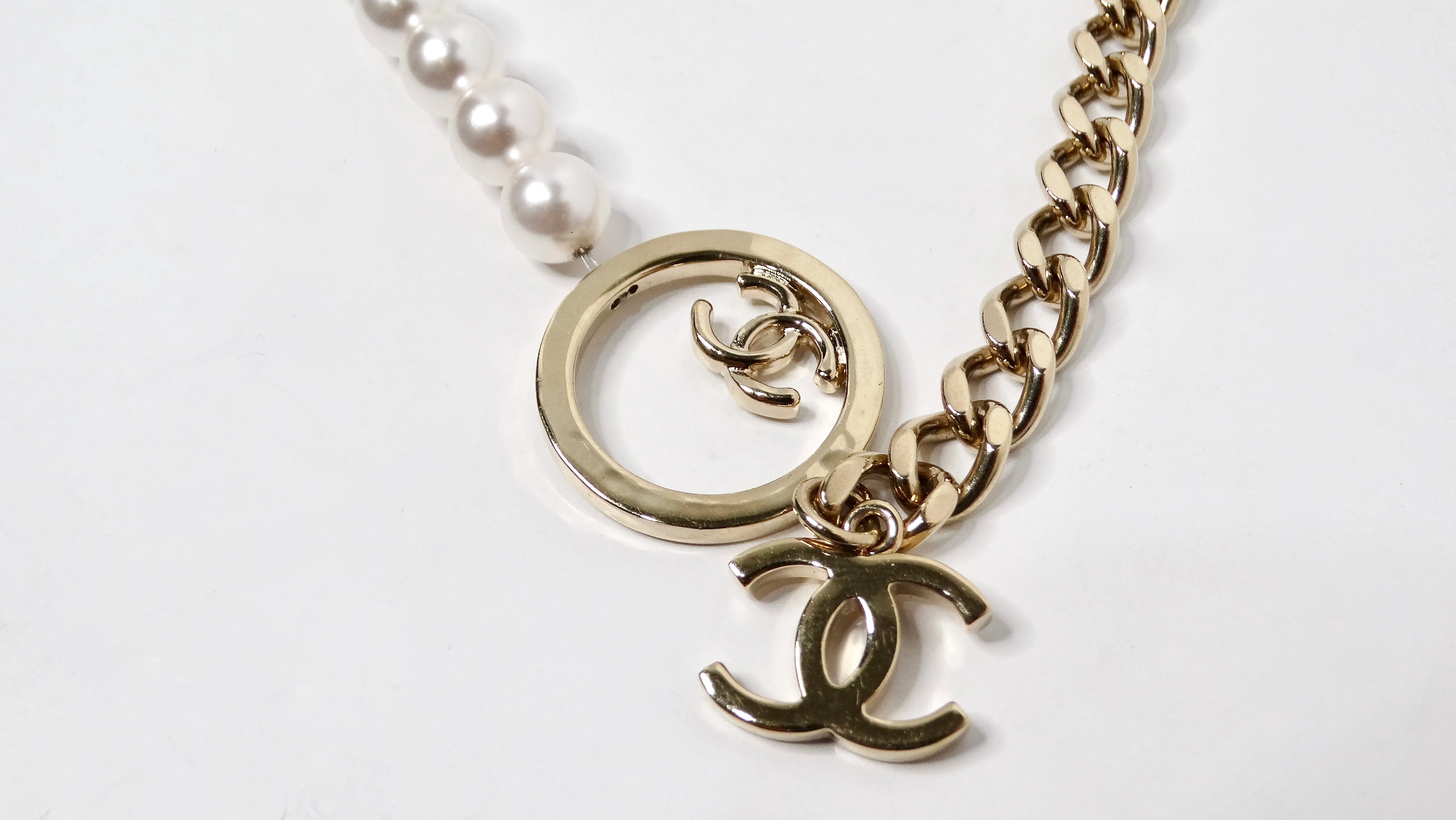 Chanel Lariat Pearl Strand & Gold-Tone Chain Interlocking CC Logo Necklace