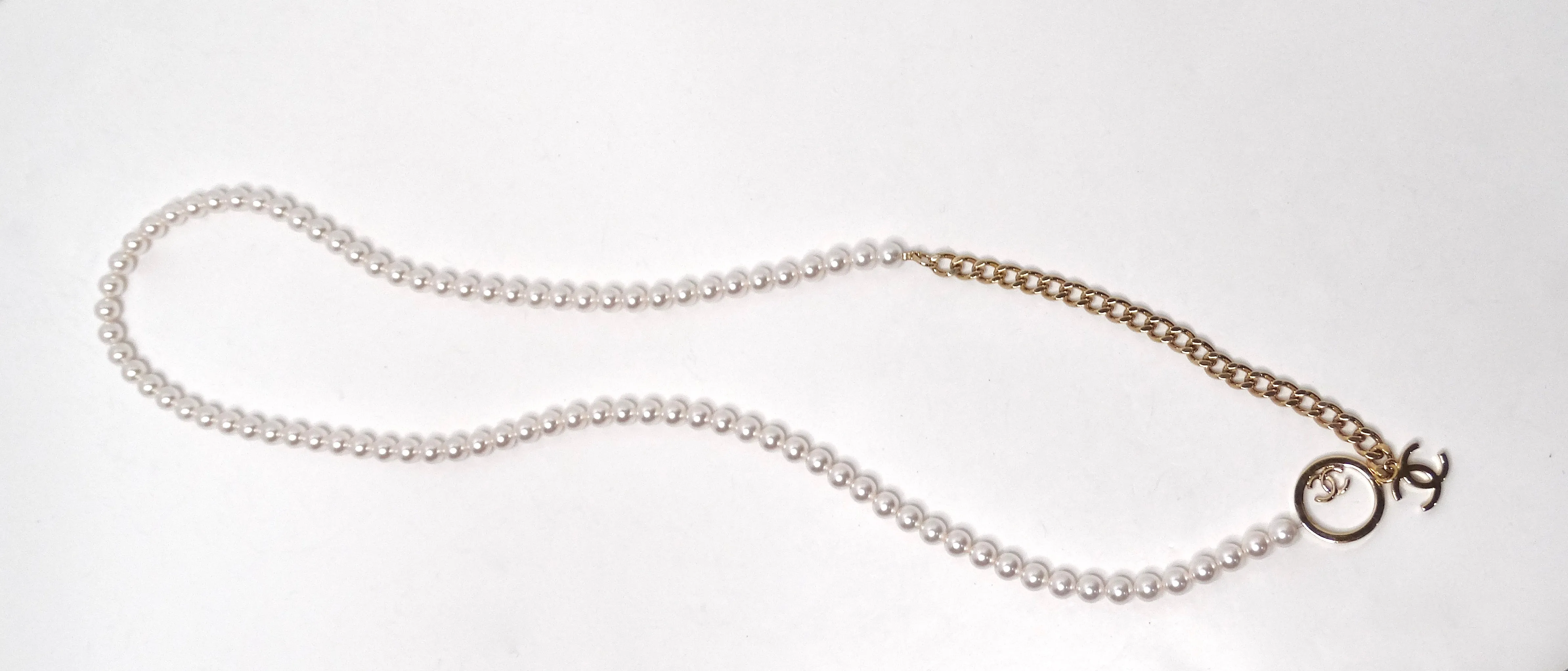 Chanel Lariat Pearl Strand & Gold-Tone Chain Interlocking CC Logo Necklace