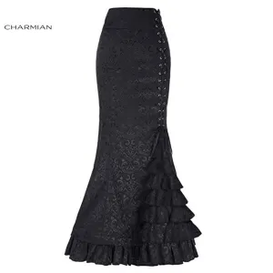 Charmian Women's Sexy Gothic Vintage Mermaid Skirt Victorian Black Lace up Corset Skirt High Waist Evening Party Retro Skirt