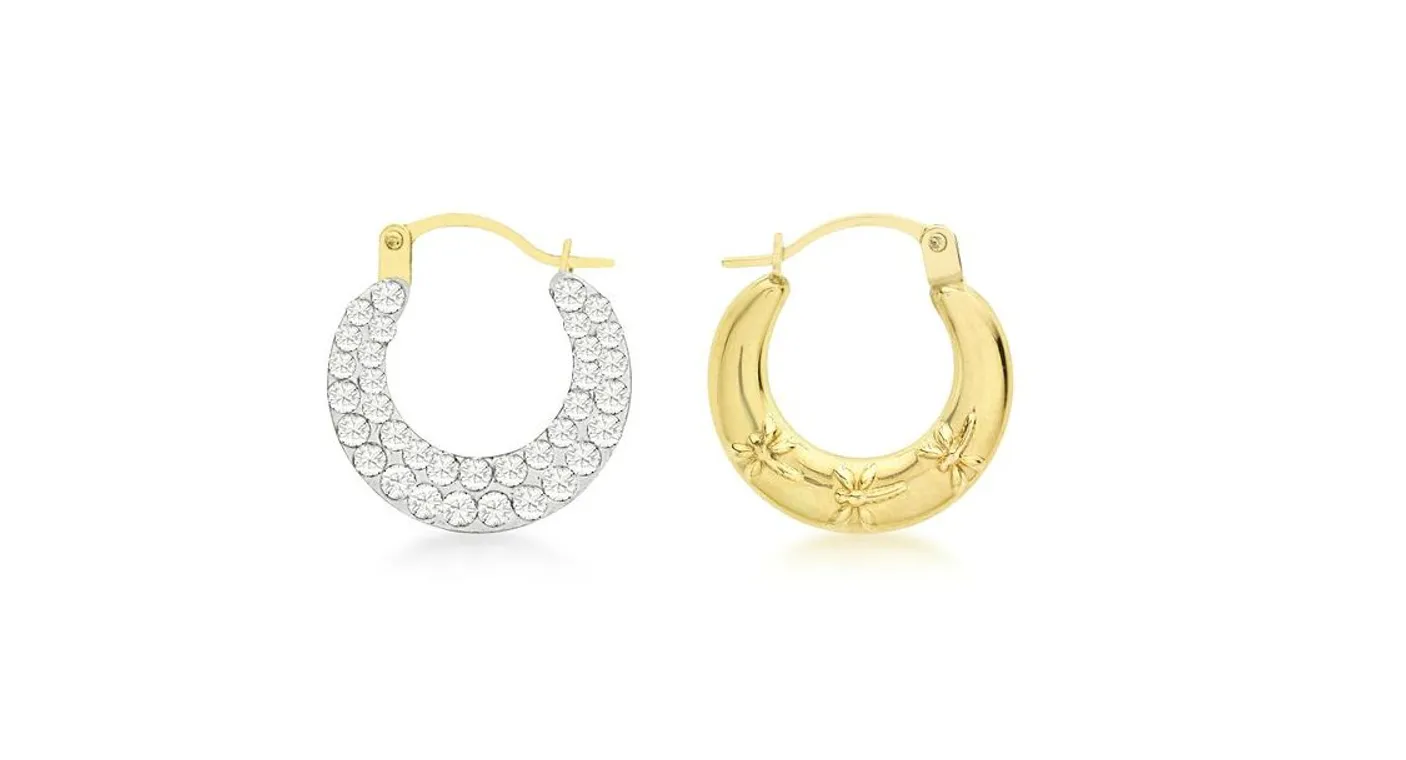 Children's, Teens' and Mothers' Earrings:  9k Gold Double Sided (2 earrings in 1) Dragonflies/Cz Encrusted Creole Hoops with Gift Box
