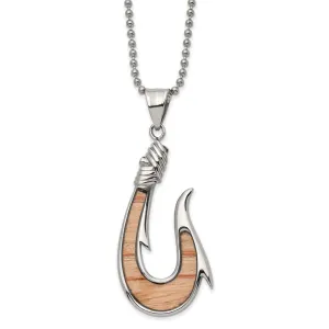 Chisel Stainless Steel Polished with Wenge Wood Inlay Hook Pendant on a 22 inch Ball Chain Necklace