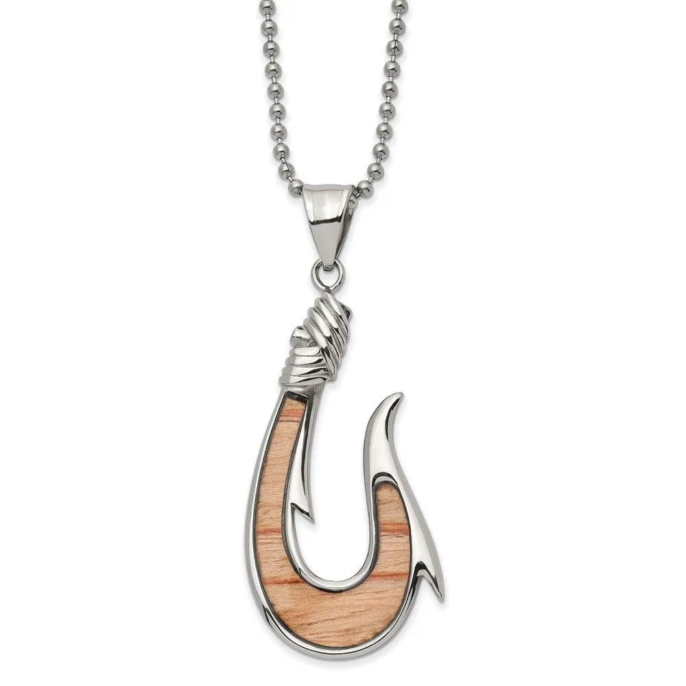 Chisel Stainless Steel Polished with Wenge Wood Inlay Hook Pendant on a 22 inch Ball Chain Necklace