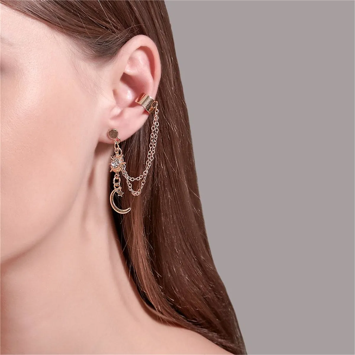 Clear Cubic Zirconia & 18K Gold-Plated Moon Chain Ear Cuff
