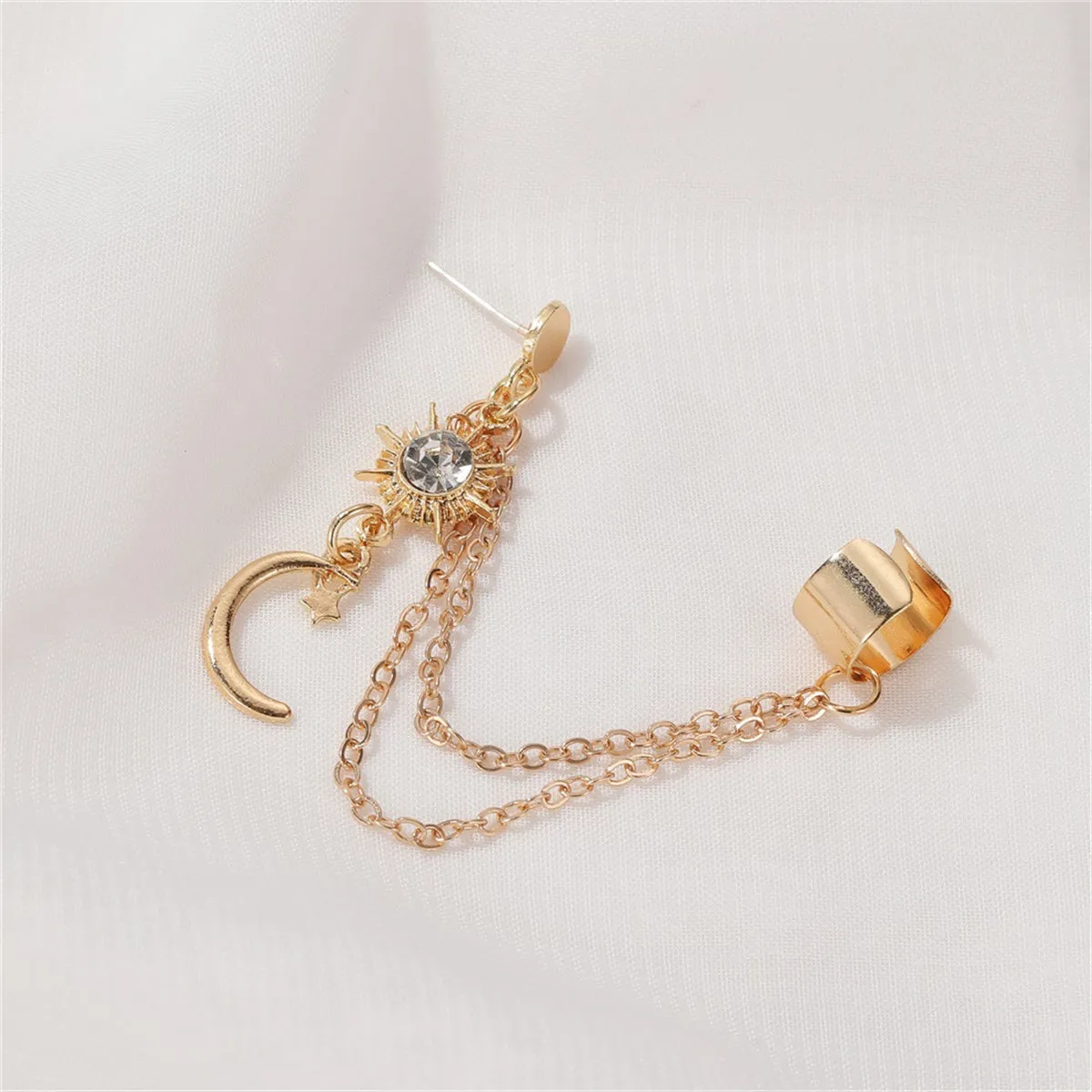 Clear Cubic Zirconia & 18K Gold-Plated Moon Chain Ear Cuff