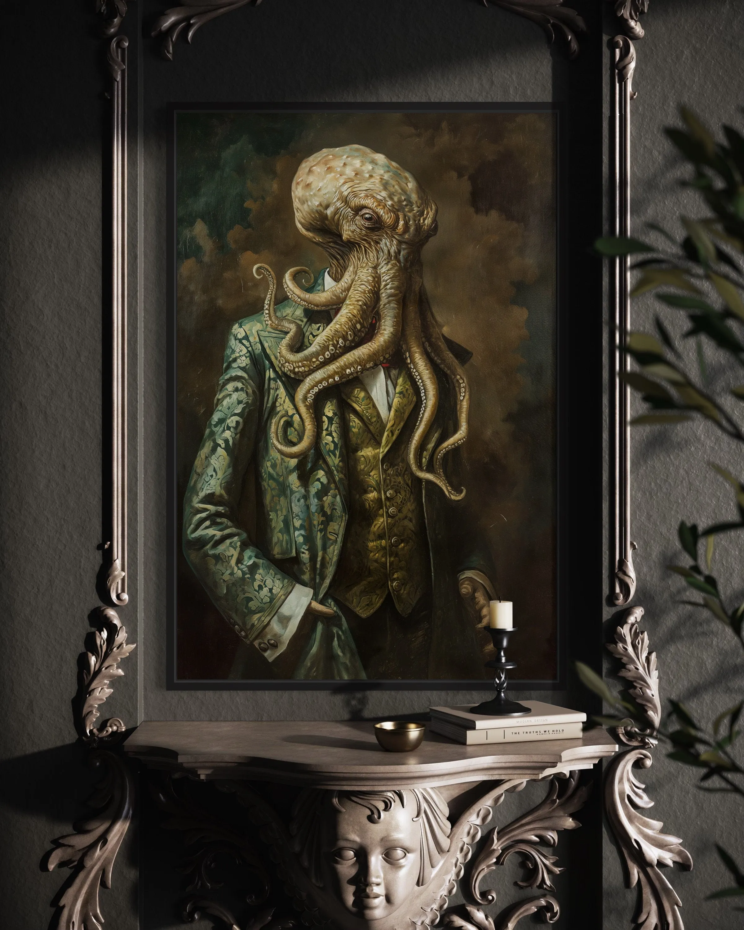 Cthulhu In Suit Vintage Portrait Framed Canvas Wall Art