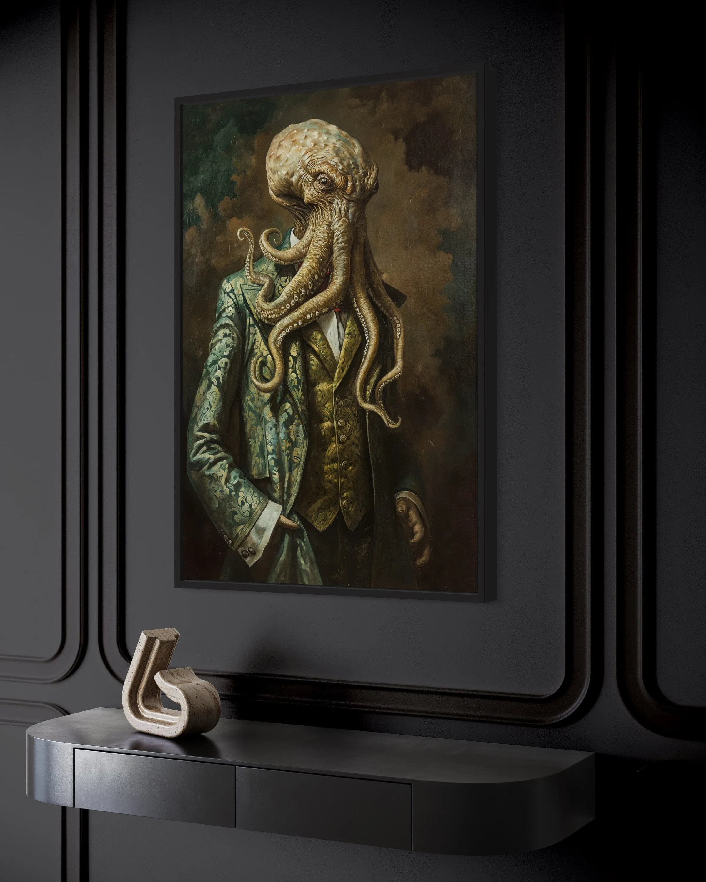 Cthulhu In Suit Vintage Portrait Framed Canvas Wall Art