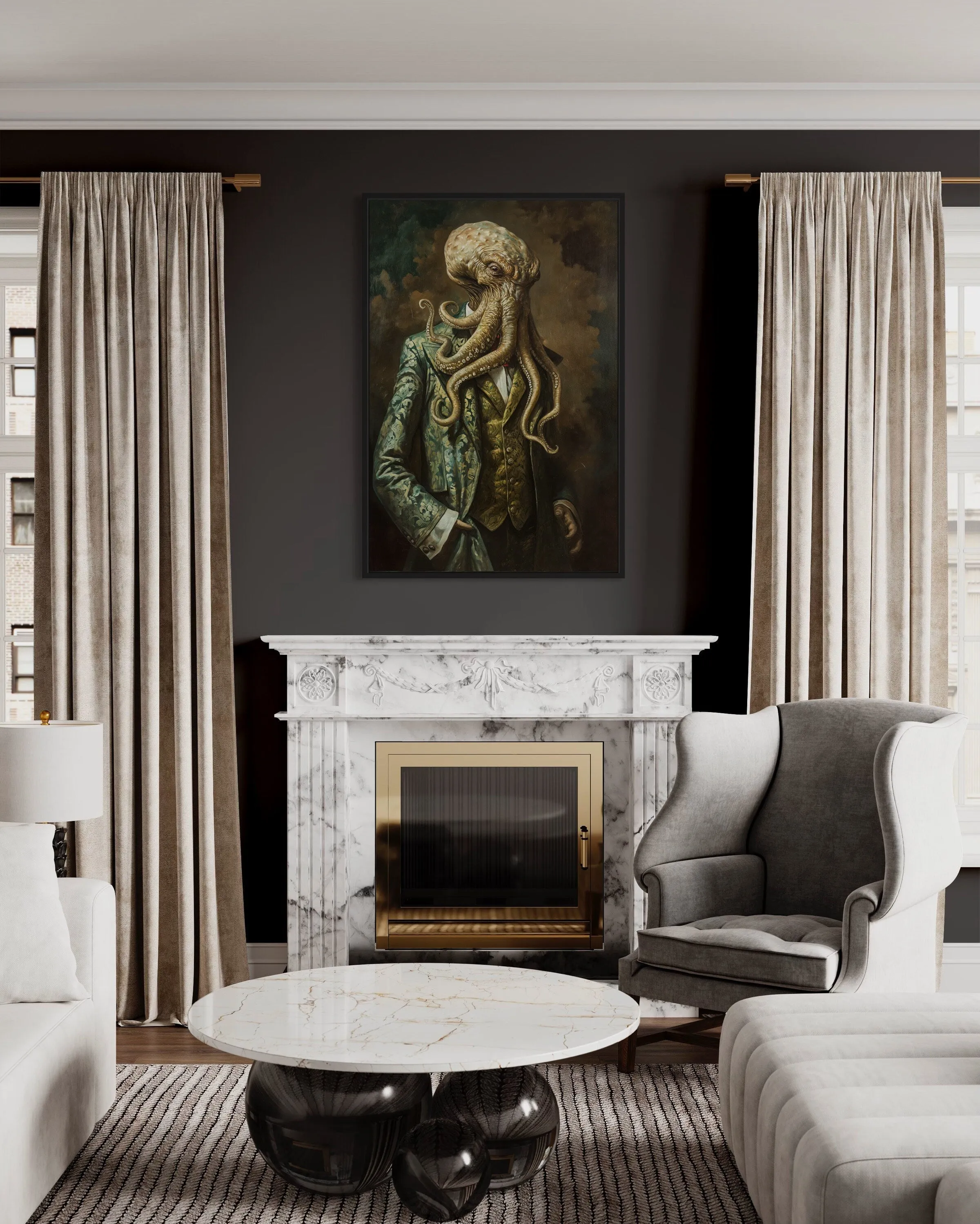 Cthulhu In Suit Vintage Portrait Framed Canvas Wall Art