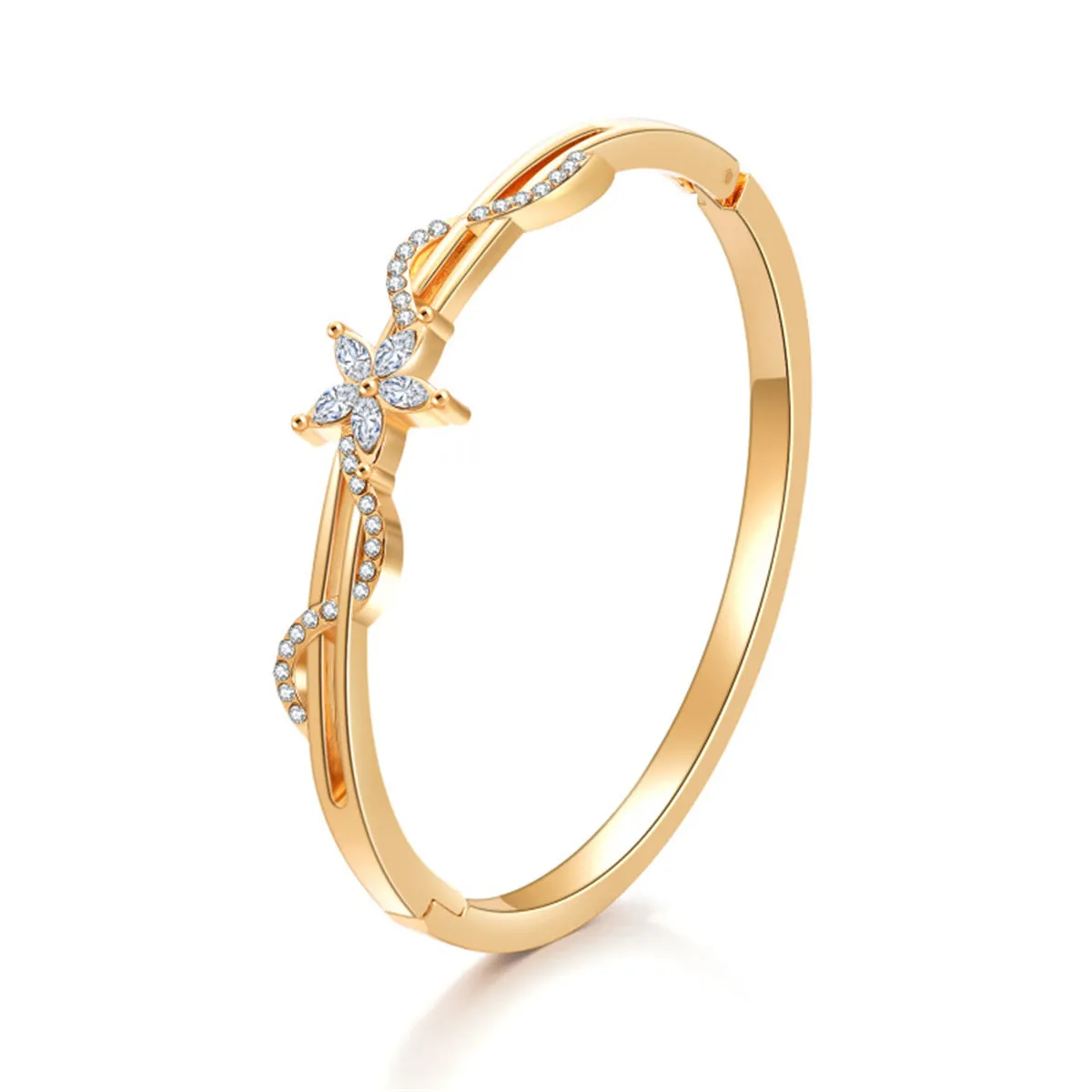Cubic Zirconia & 18K Gold-Plated Floral Wave Marquise Hinge Bangle