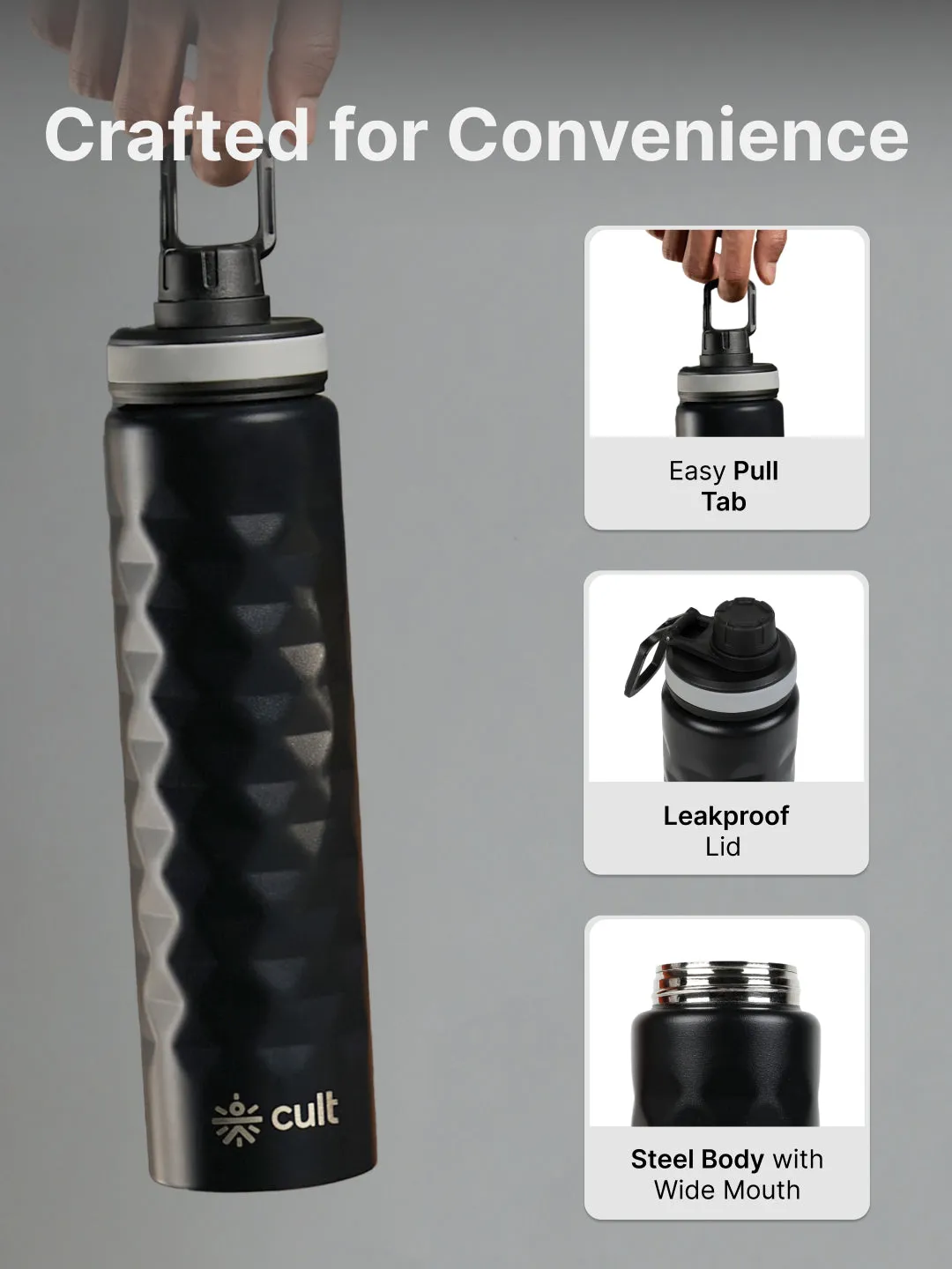 cult Steel Bottle 1Ltr Diamond Sports cap Black