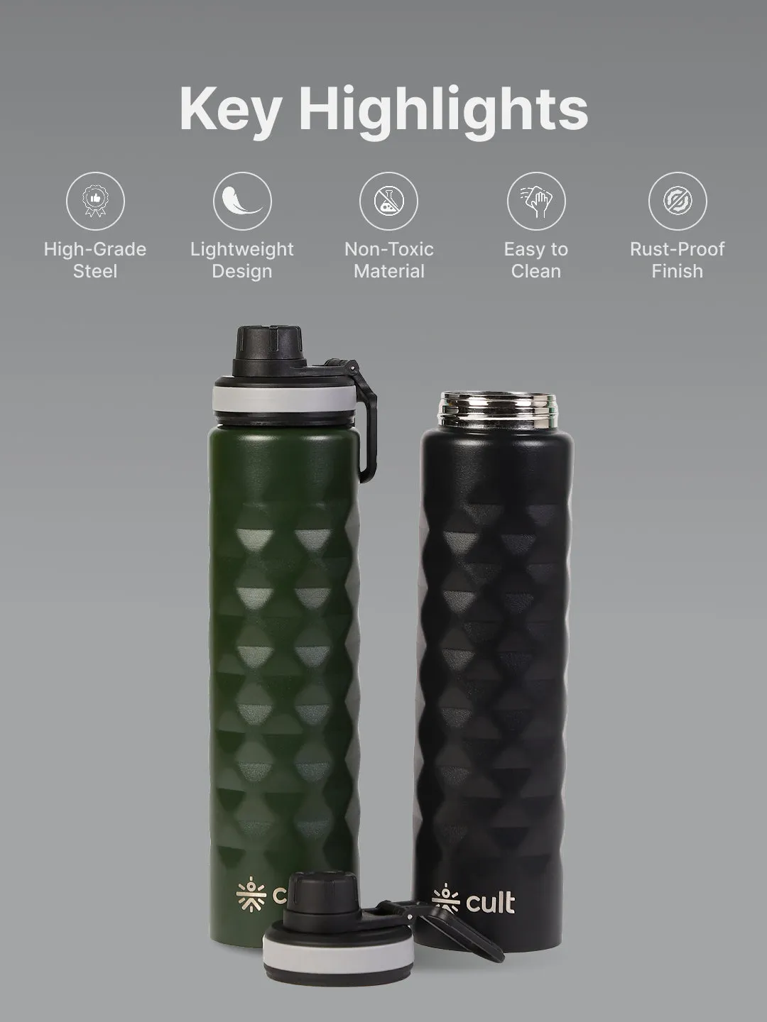 cult Steel Bottle 1Ltr Diamond Sports cap Black