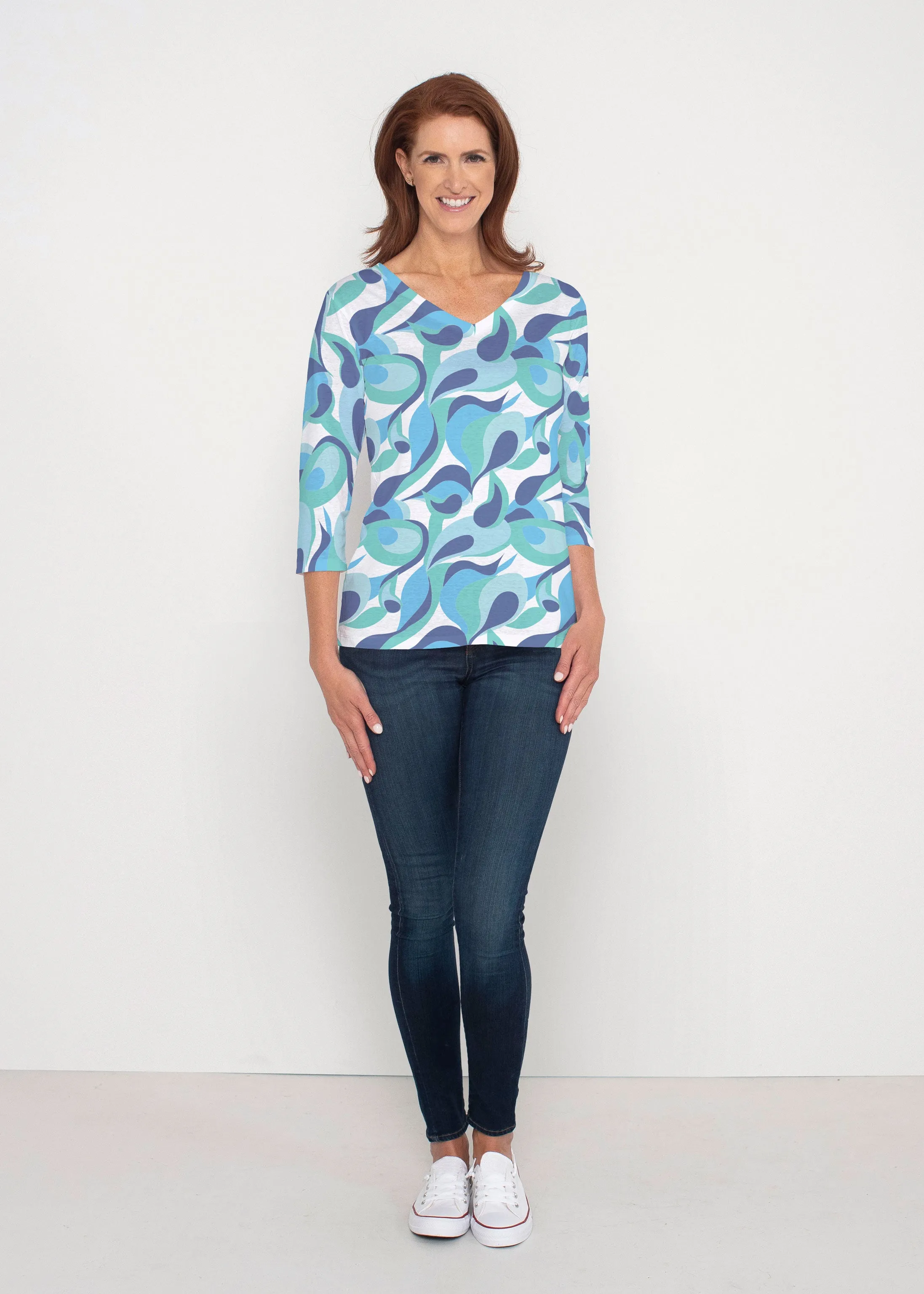 Disco Blue (8067) ~ Signature 3/4 Sleeve V-Neck Top