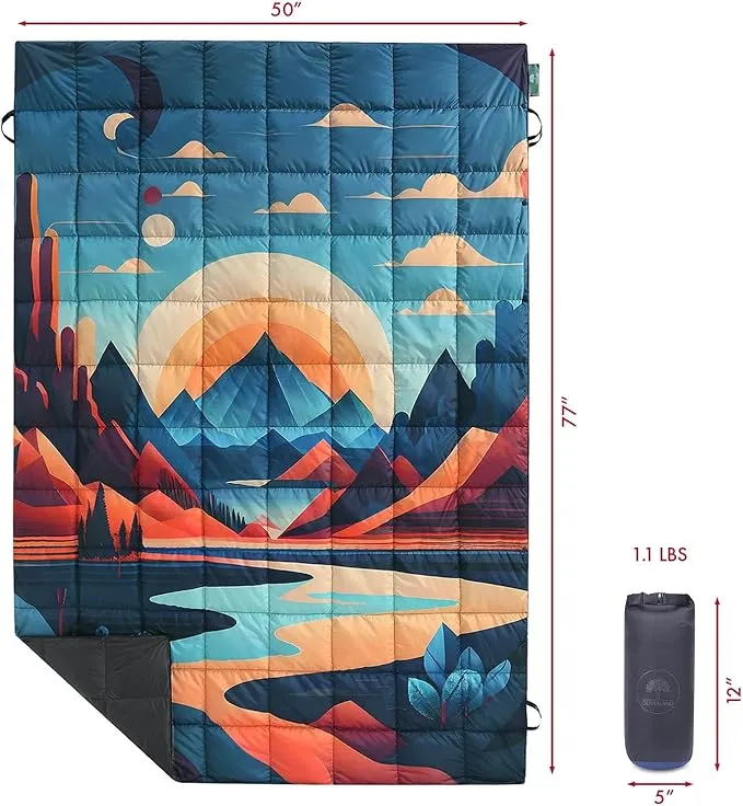 Down Camping Blanket, Ultralight Compact Packable Throw with Snaps for Outdoor Indoor, Travel Stadium Concert Picnic Beach, Puffy 650 Fill Down Water-Resistant Quilt (Mountain Sunset)