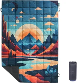 Down Camping Blanket, Ultralight Compact Packable Throw with Snaps for Outdoor Indoor, Travel Stadium Concert Picnic Beach, Puffy 650 Fill Down Water-Resistant Quilt (Mountain Sunset)