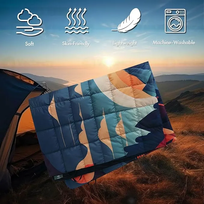 Down Camping Blanket, Ultralight Compact Packable Throw with Snaps for Outdoor Indoor, Travel Stadium Concert Picnic Beach, Puffy 650 Fill Down Water-Resistant Quilt (Mountain Sunset)