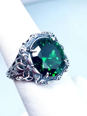 Emerald CZ Ring, Oval Art Nouveau Style, Vintage Sterling Silver Filigree Ring, Beauty Ring, D229