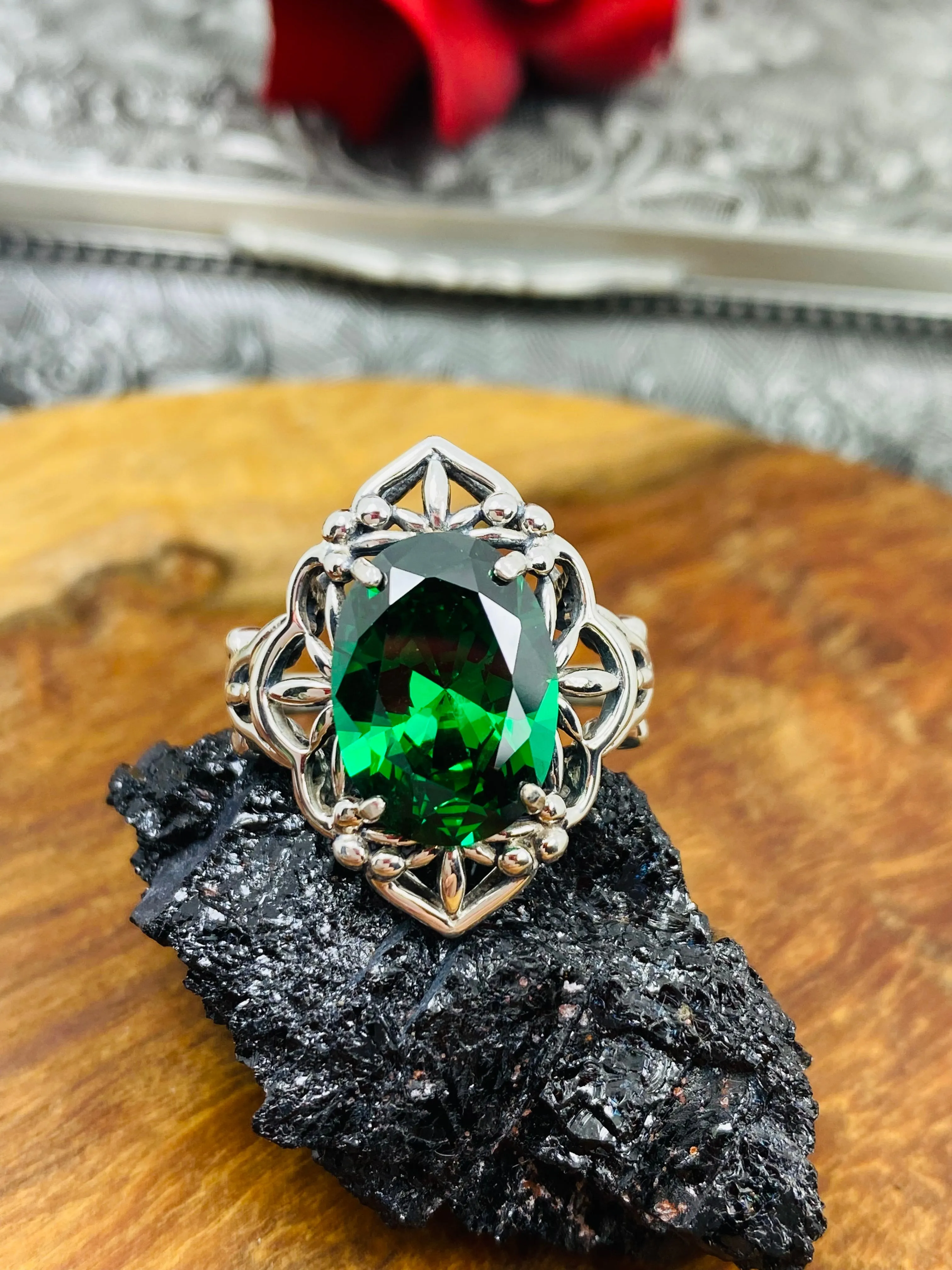 Emerald Green CZ Ring Gothic Filigree Ring - Vintage Style Ring D98