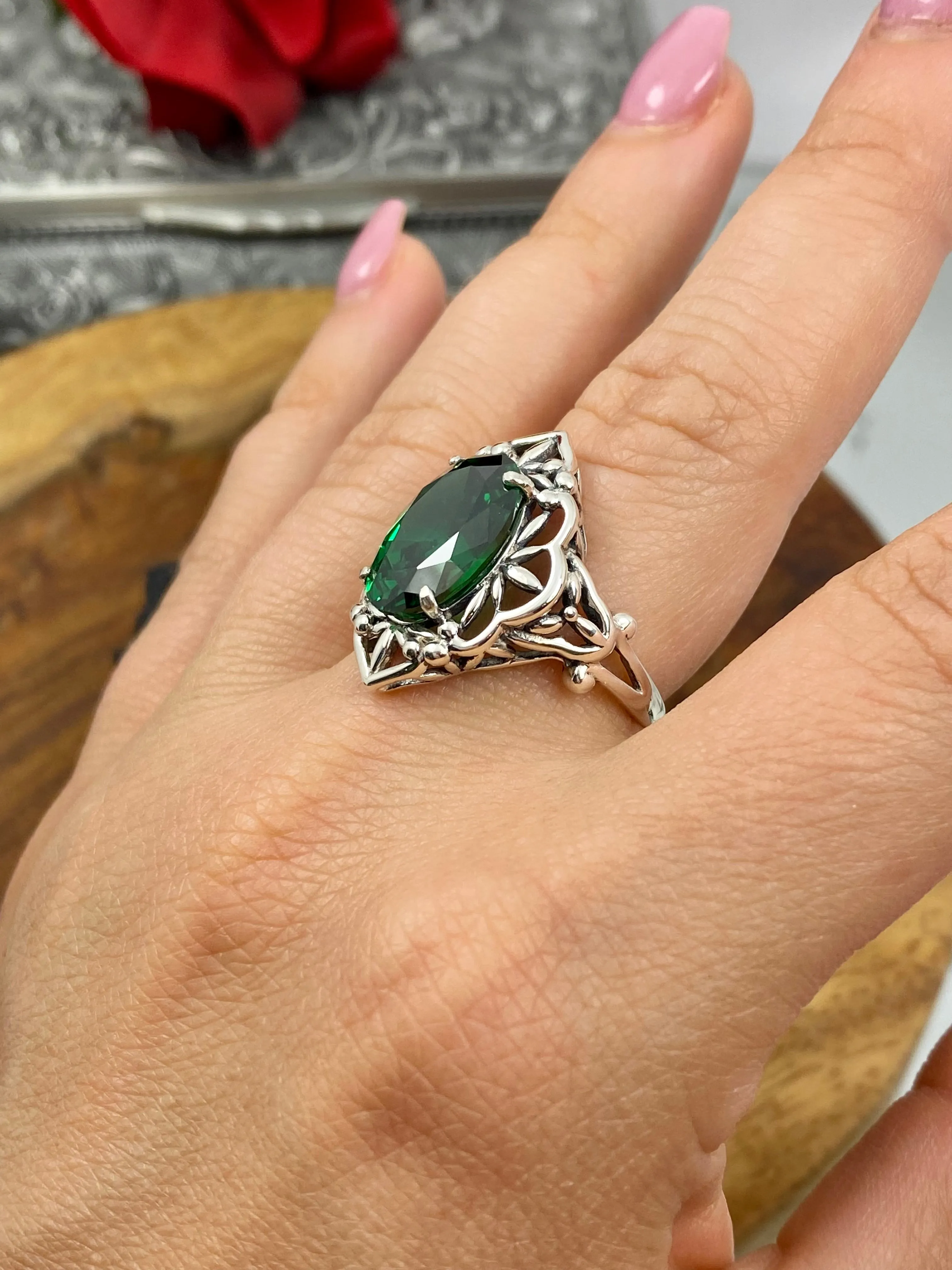 Emerald Green CZ Ring Gothic Filigree Ring - Vintage Style Ring D98