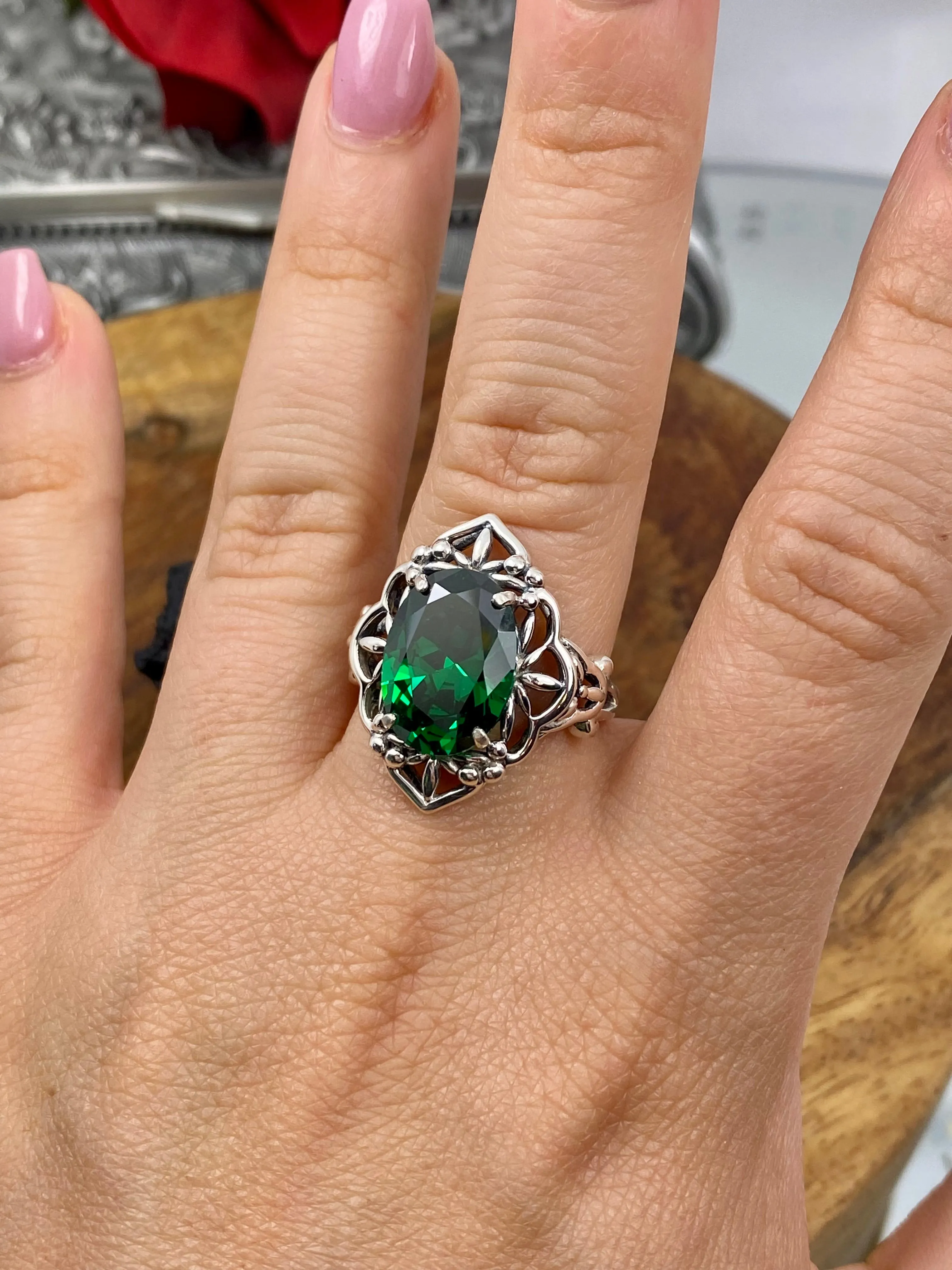 Emerald Green CZ Ring Gothic Filigree Ring - Vintage Style Ring D98