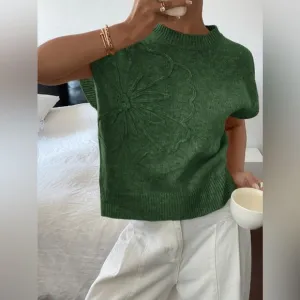 Flower Ribbed Hem Round Neck Cap Sleeve Sweater