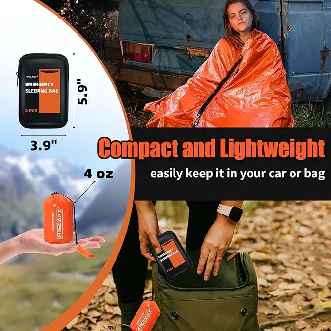 Frelaxy Emergency Sleeping Bag 1-Pack/2-Pack, Extra-Thick Compact Survival Bivy with Whistle, Storage Pouch, and EVA case, Perfect for Survival Kits