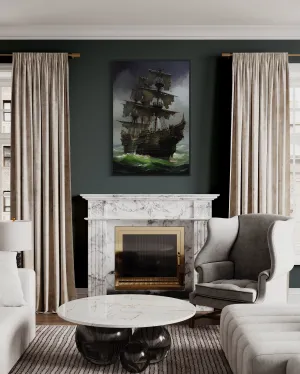 Ghost Pirate Ship In The Ocean Gothic Framed Canvas Wall Art
