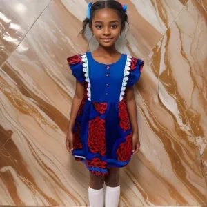 Girls Red/Blue Floral African Print Dress