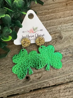 Gold Druzy Metallic Green Shamrock Earrings