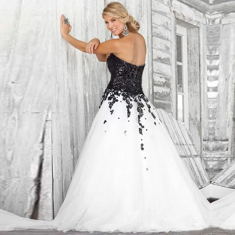 Goth/Alternative Bridal Dress Features Sweetheart Lace Applique Sequined Bodice And Stunning Full Tulle Skirt