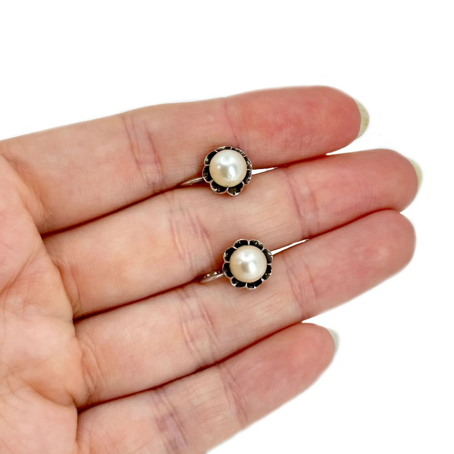 Gothic Buttercup Akoya Saltwater Cultured Pearl Vintage Screwback Stud Earrings- Sterling Silver