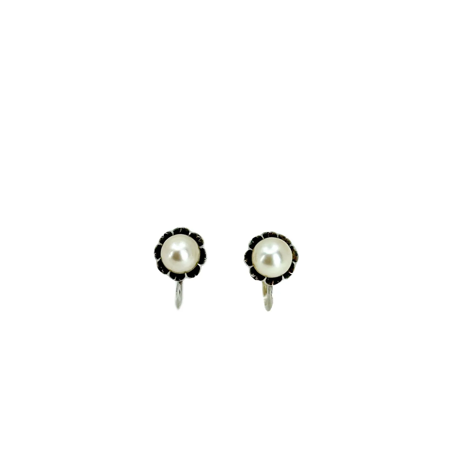 Gothic Buttercup Akoya Saltwater Cultured Pearl Vintage Screwback Stud Earrings- Sterling Silver