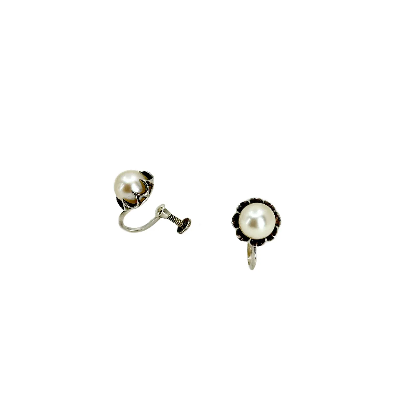 Gothic Buttercup Akoya Saltwater Cultured Pearl Vintage Screwback Stud Earrings- Sterling Silver
