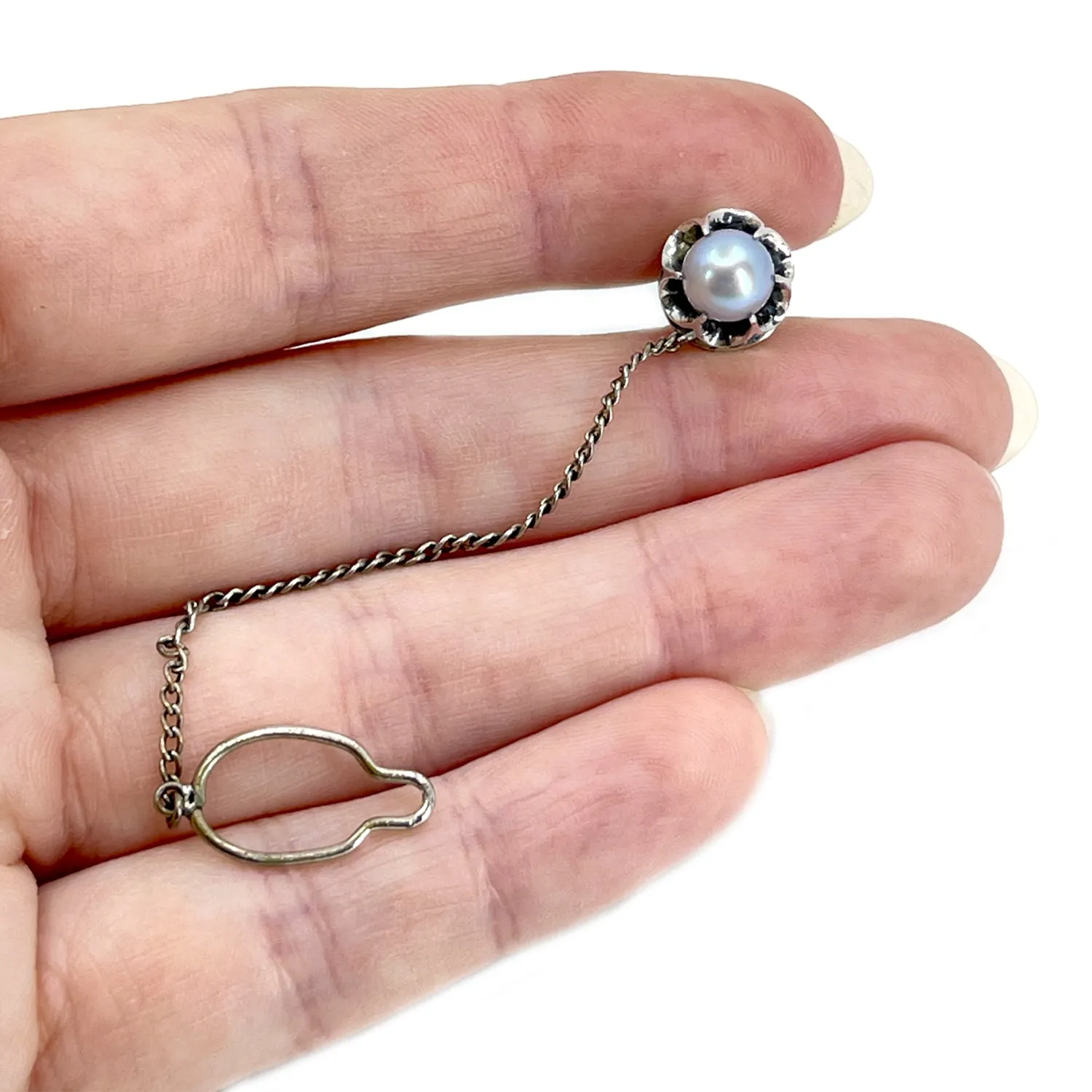 Gothic Claw Prong Blue Japanese Saltwater Akoya Cultured Pearl Vintage Tie Tac- Sterling Silver