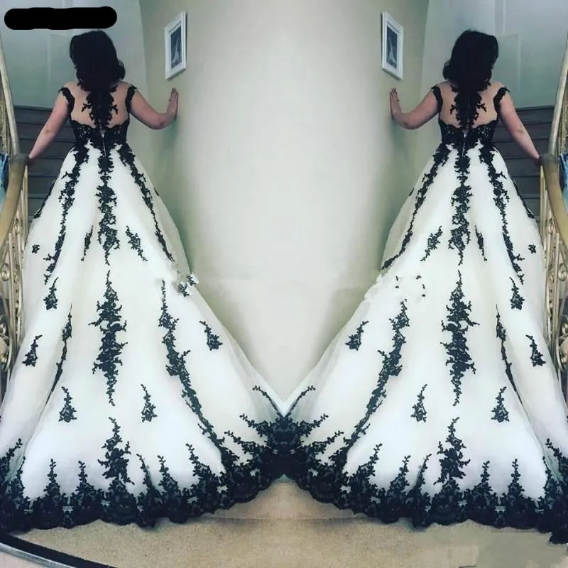 Gothic Corset Lace Bridal Dress Sexy Capped Sleeves Sheer Neck Appliques And Court Train