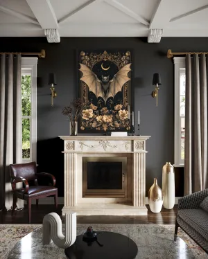 Gothic Moonlit Bat And Flowers Dark Academia Canvas Wall Art