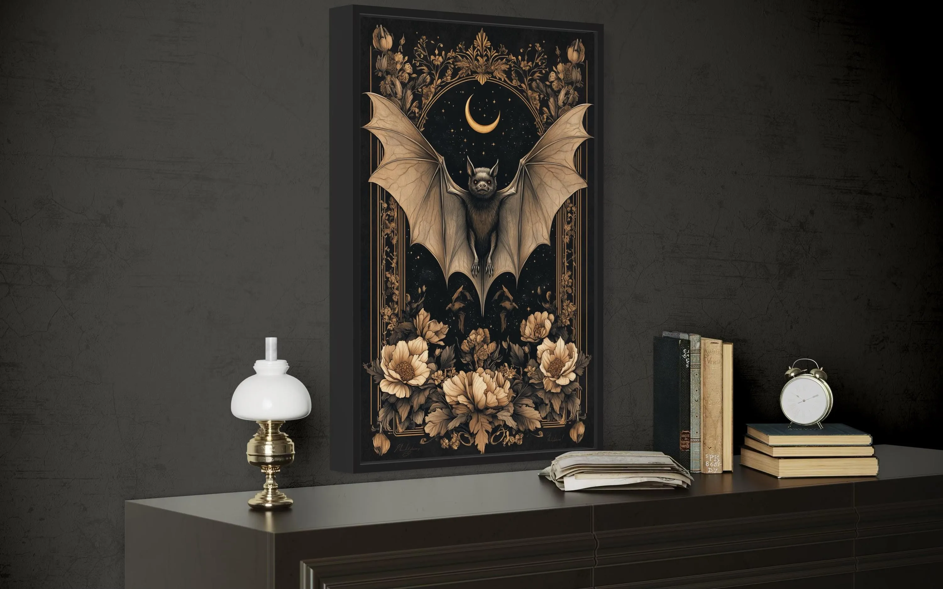 Gothic Moonlit Bat And Flowers Dark Academia Canvas Wall Art