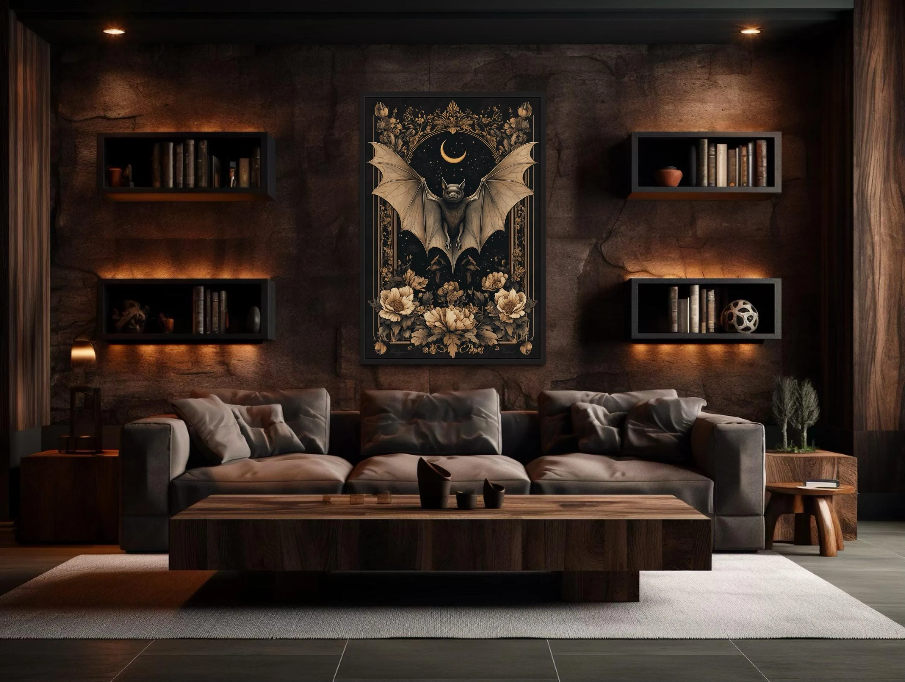 Gothic Moonlit Bat And Flowers Dark Academia Canvas Wall Art