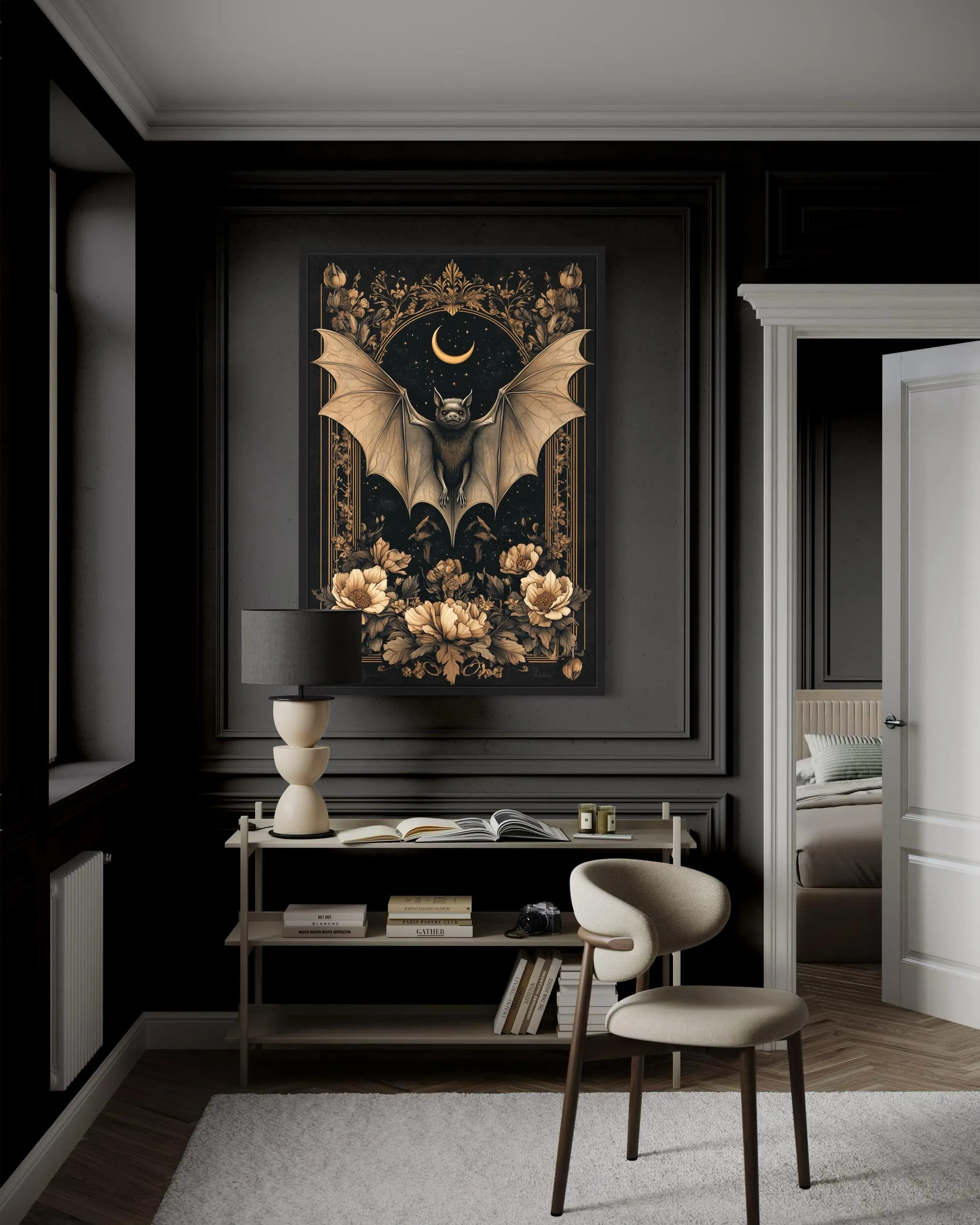 Gothic Moonlit Bat And Flowers Dark Academia Canvas Wall Art