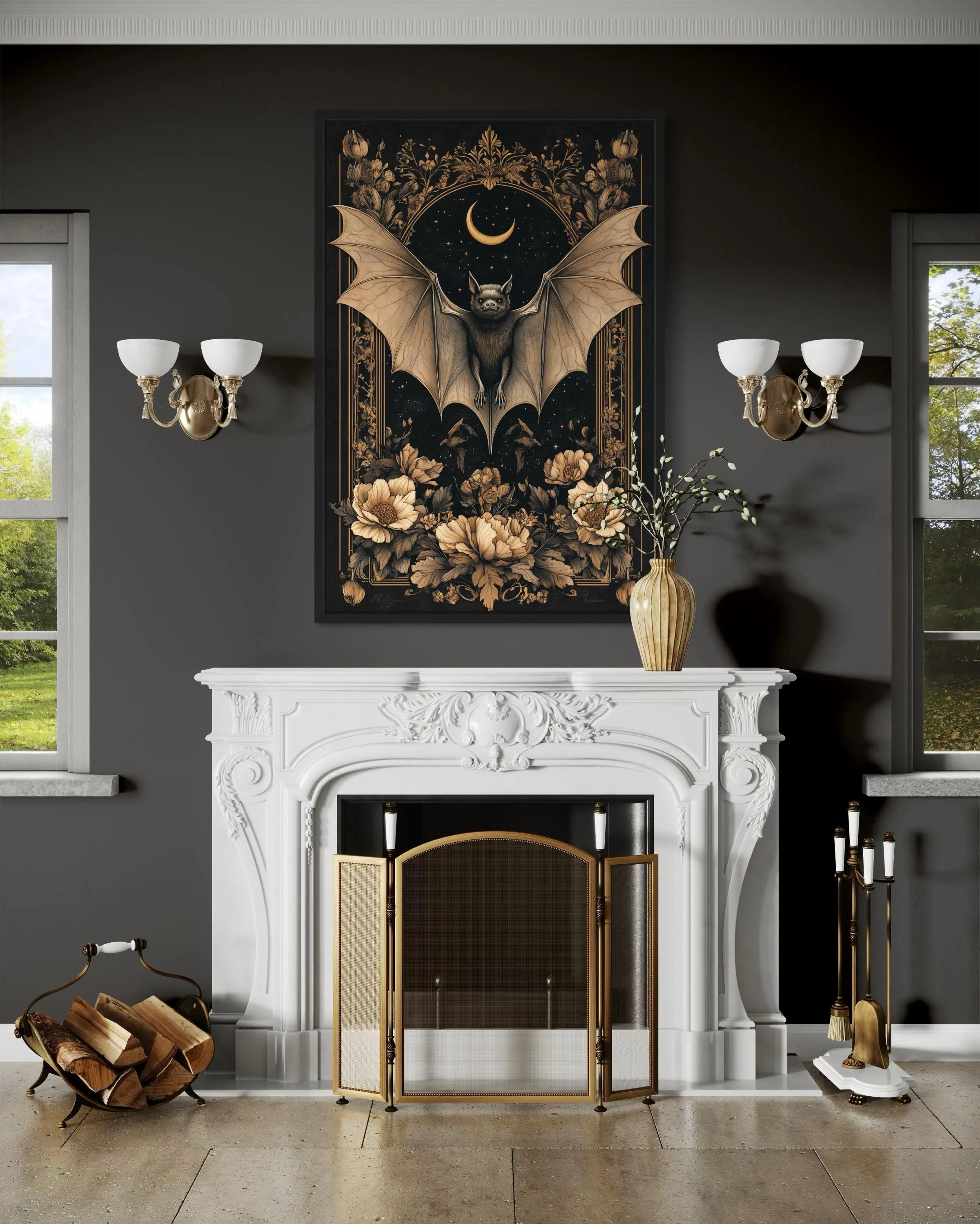 Gothic Moonlit Bat And Flowers Dark Academia Canvas Wall Art
