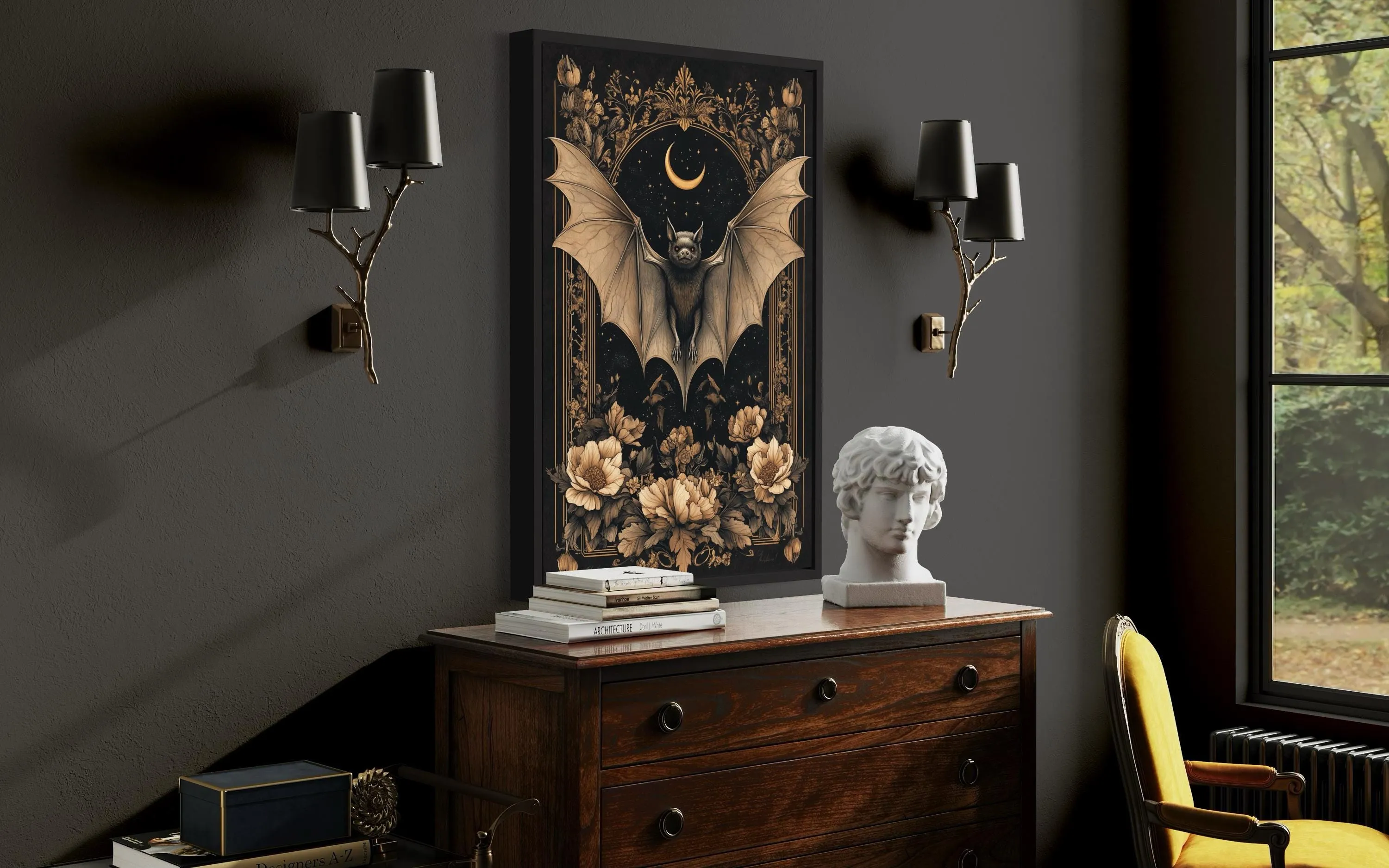 Gothic Moonlit Bat And Flowers Dark Academia Canvas Wall Art