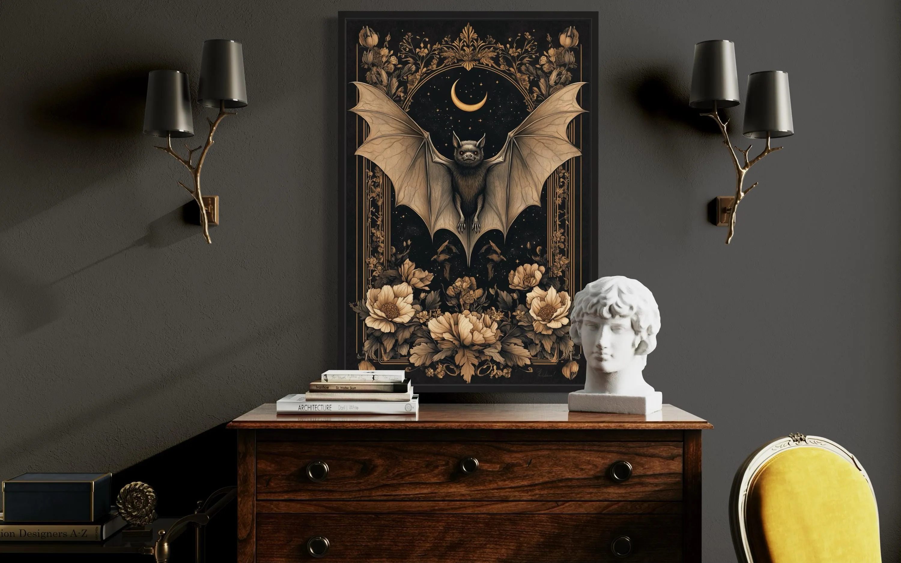 Gothic Moonlit Bat And Flowers Dark Academia Canvas Wall Art
