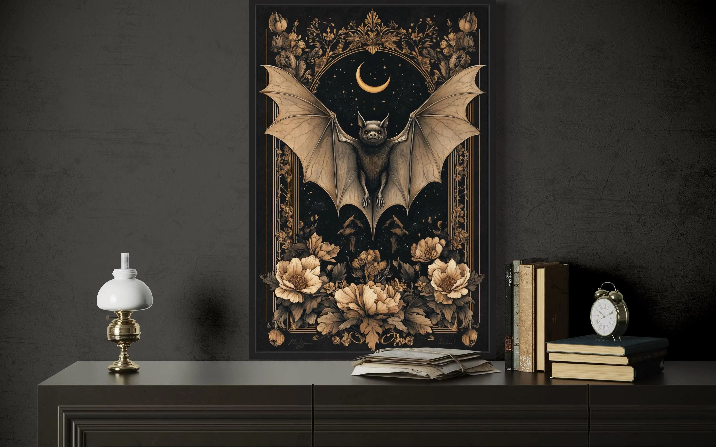Gothic Moonlit Bat And Flowers Dark Academia Canvas Wall Art